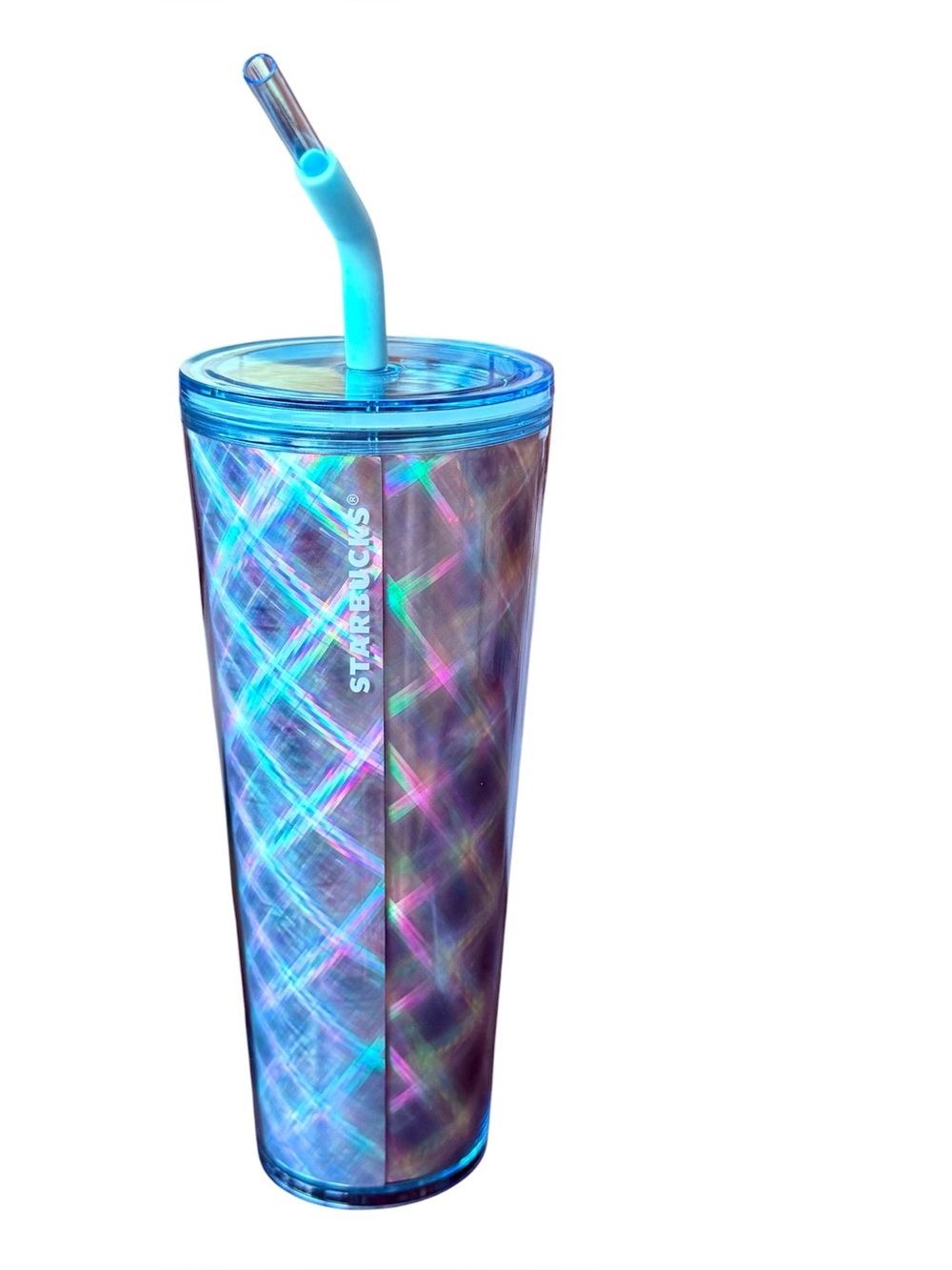 Starbucks NWT Prism Blue & Silver Holographic Tumbler with Slant Straw